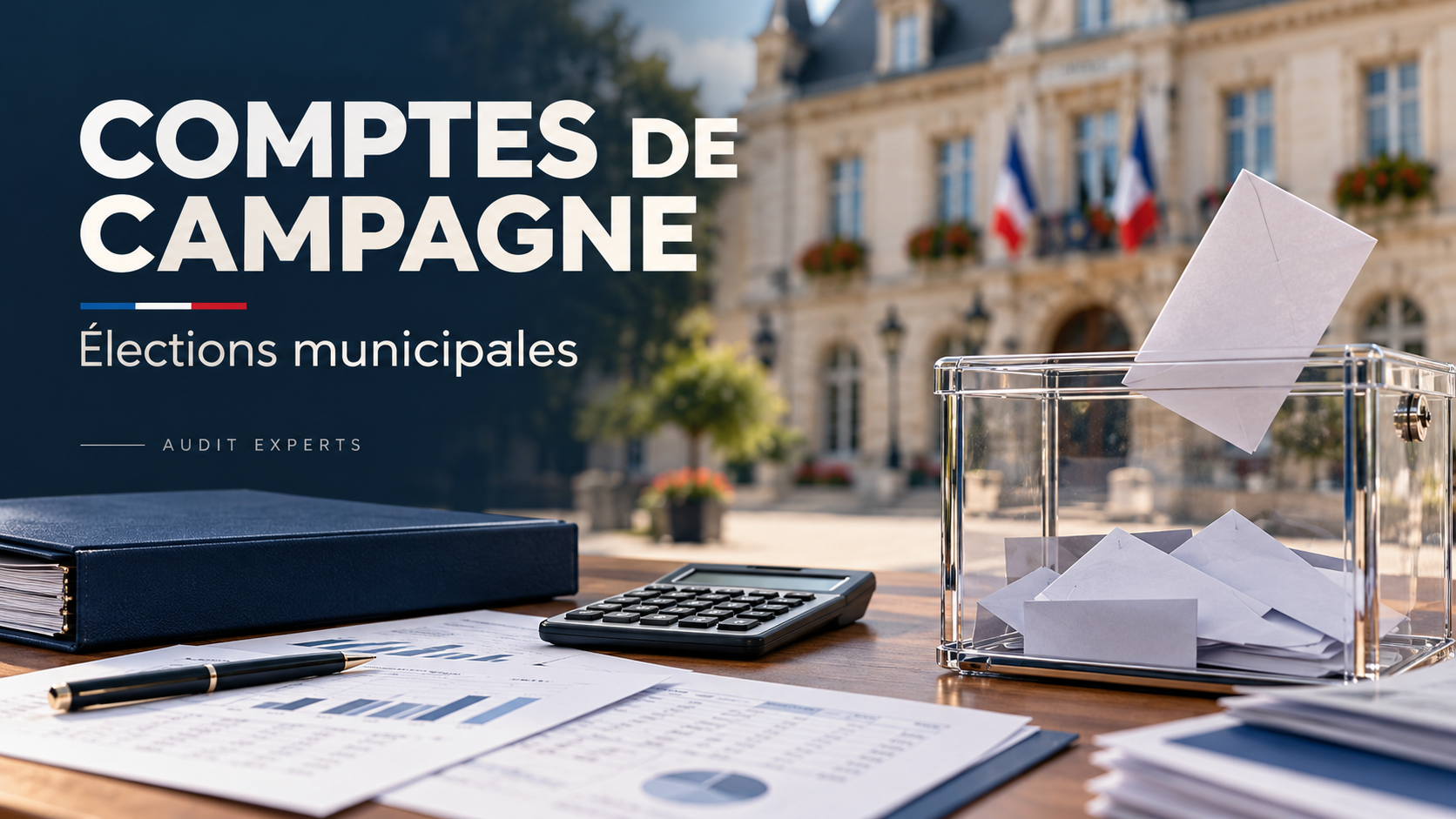 Compte de campagne aux élections municipales : urne transparente, calculatrice et pièces comptables devant une mairie