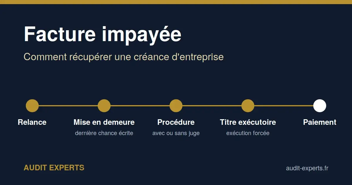 Étapes du recouvrement d'une facture impayée : relance, mise en demeure, procédure avec ou sans juge, titre exécutoire, paiement