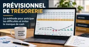 Prévisionnel de trésorerie : tableau des encaissements, décaissements et trésorerie cumulée sur douze mois, avec point bas en juillet