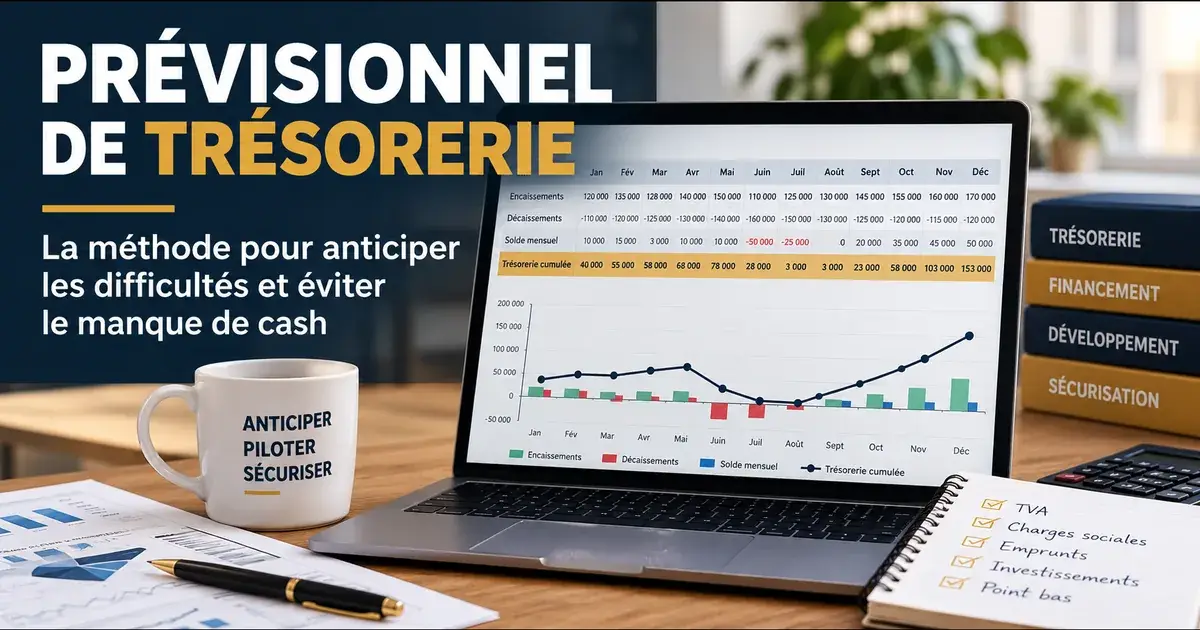 Prévisionnel de trésorerie : tableau des encaissements, décaissements et trésorerie cumulée sur douze mois, et repérage du point bas